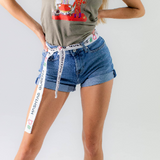 DENIM  SHORTS CUFFED WITH SEE THRU POCKET EMBROIDERED